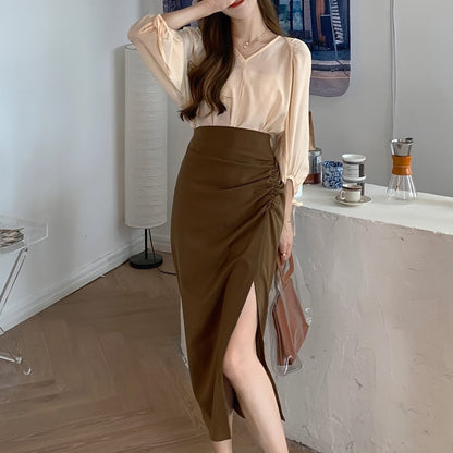 vlovelaw Solid Ruched Split Hem Skirt, Versatile High Waist Skirt For Spring & Fall, Women's Clothing