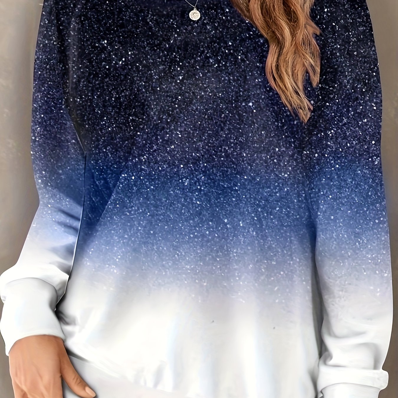 vlovelaw  Plus Size Casual Sweatshirt, Women's Plus Glitter Ombre Print Long Sleeve Round Neck Medium Stretch Pullover Top