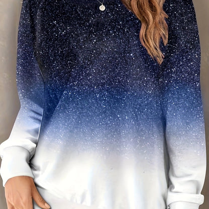 vlovelaw  Plus Size Casual Sweatshirt, Women's Plus Glitter Ombre Print Long Sleeve Round Neck Medium Stretch Pullover Top
