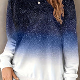 vlovelaw  Plus Size Casual Sweatshirt, Women's Plus Glitter Ombre Print Long Sleeve Round Neck Medium Stretch Pullover Top