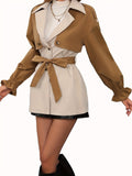 Color Block Belted Trench Coat, Elegant Long Sleeve Ruffle Cuff Coat, Women's Clothing