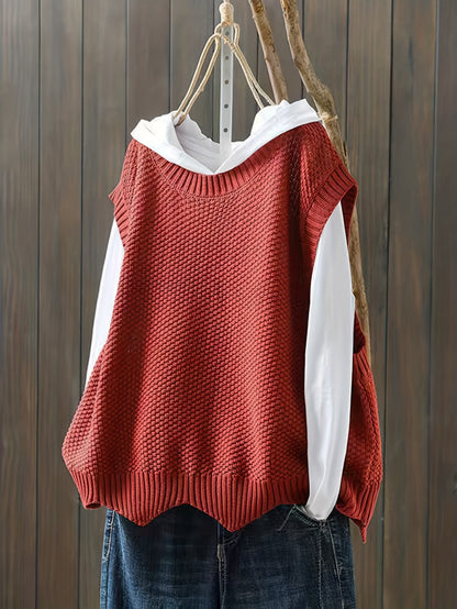 vlovelaw Solid Crew Neck Knitted Vest, Casual Sleeveless Loose Sweater, Women's Clothing