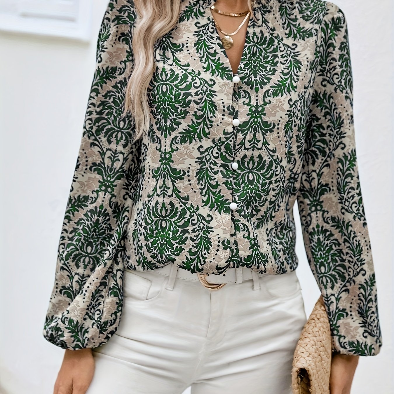 Ethnic Floral Print Blouse, Boho V Neck Long Sleeve Blouse, Women's Clothing
