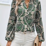 Ethnic Floral Print Blouse, Boho V Neck Long Sleeve Blouse, Women's Clothing
