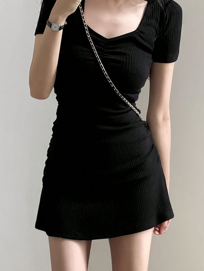 vlovelaw  Solid V Neck A-line Mini Dress, Chic Short Sleeve Dress For Spring & Summer, Women's Clothing