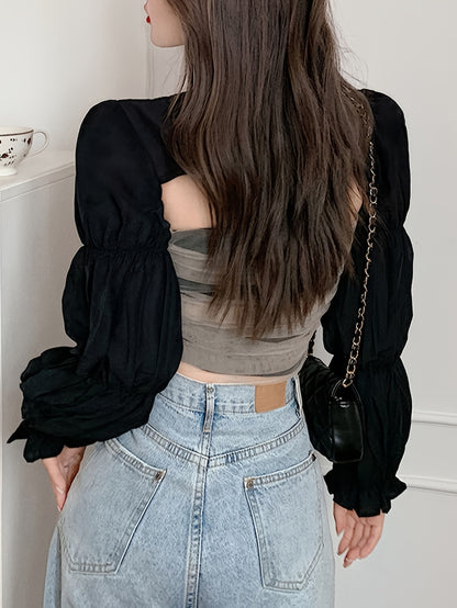 vlovelaw  Solid Tie Front Crop Blouse, Versatile Long Sleeve Blouse For Spring & Fall, Women's Clothing