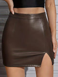 vlovelaw  PU Leather Bodycon Pencil Skirts, Side Split Casual Mini Skirts For Spring, Women's Clothing