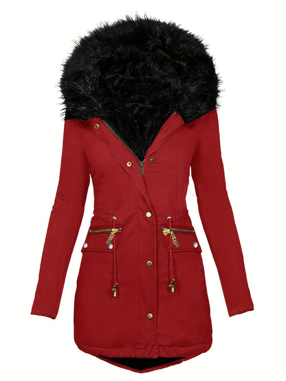 vlovelaw Faux Fur Hood Drawstring Parka Coat, Zip Up Button Front Pocket Thermal Overcoat, Women's Clothing