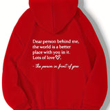 vlovelaw  Plus Size Casual Sweatshirt, Women's Plus Heart & Letter Print Long Sleeve Drawstring Hoodie