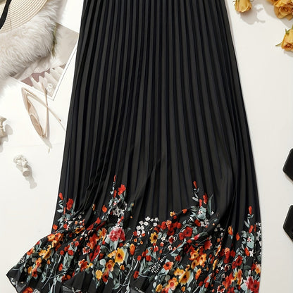 Plus Size Casual Skirt, Women's Plus Floral Print Slight Stretch Pleated Skirt