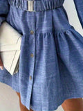 vlovelaw  Solid Button Decor Ruffle Hem Dress, Casual Long Sleeve Belted Dress, Women's Clothing