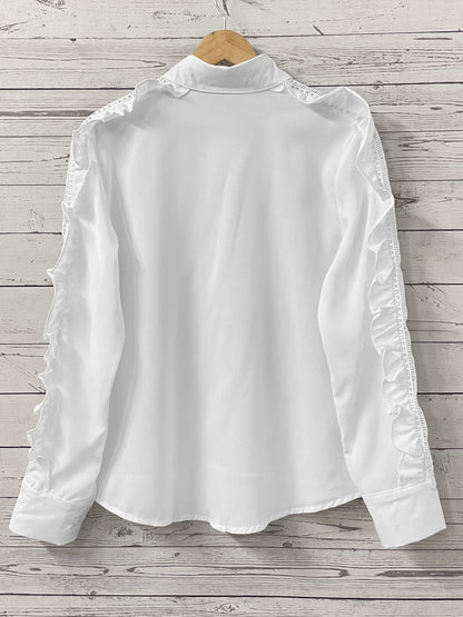 Hollow Out Button Front Blouse, Ruffle Trim Long Sleeve Lapel Blouse, Women's Clothing