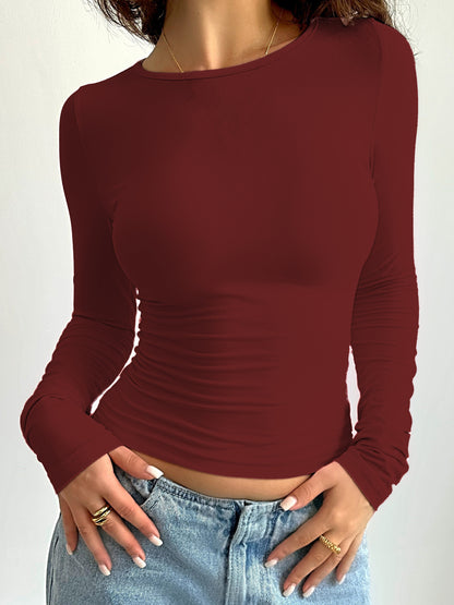 vlovelaw Solid Crew Neck T-Shirt, Casual Long Sleeve Top For Spring & Fall, Women's Clothing