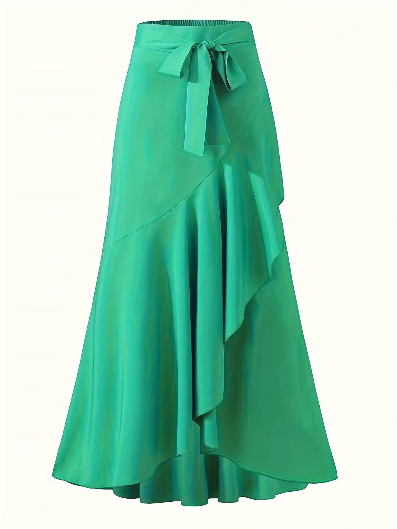 vlovelaw  Solid Ruffle Trim Asymmetrical Skirt, Elegant Belted Mermaid Skirt For Spring & Fall, Women's Clothing