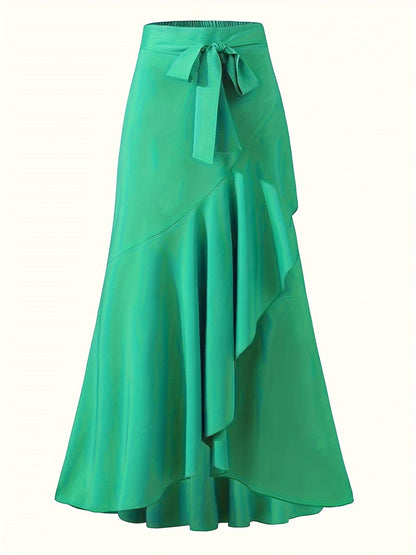 vlovelaw  Solid Ruffle Trim Asymmetrical Skirt, Elegant Belted Mermaid Skirt For Spring & Fall, Women's Clothing