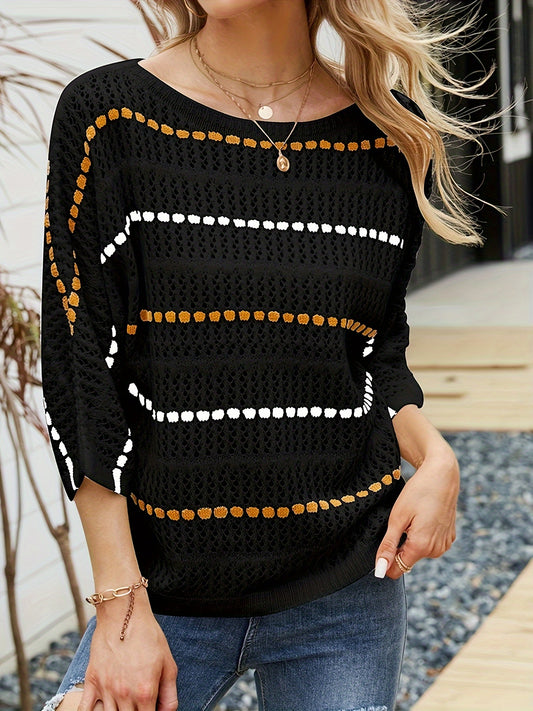 vlovelaw  Striped Hollow Boat Neck Knit Sweater, Elegant 3/4 Sleeve Loose Coverup, Women's Clothing