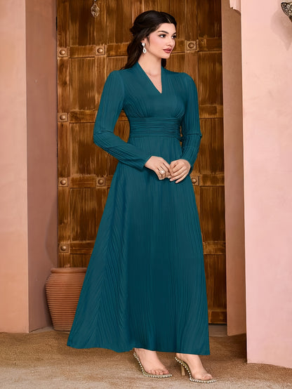 vlovelaw  Solid V Neck Dress, Elegant Long Sleeve Shirred Waist Dress, Women's Clothing