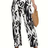 vlovelaw Plus Size Boho Pants, Women's Plus Colorblock Floral Print Wide Leg Belted Pants