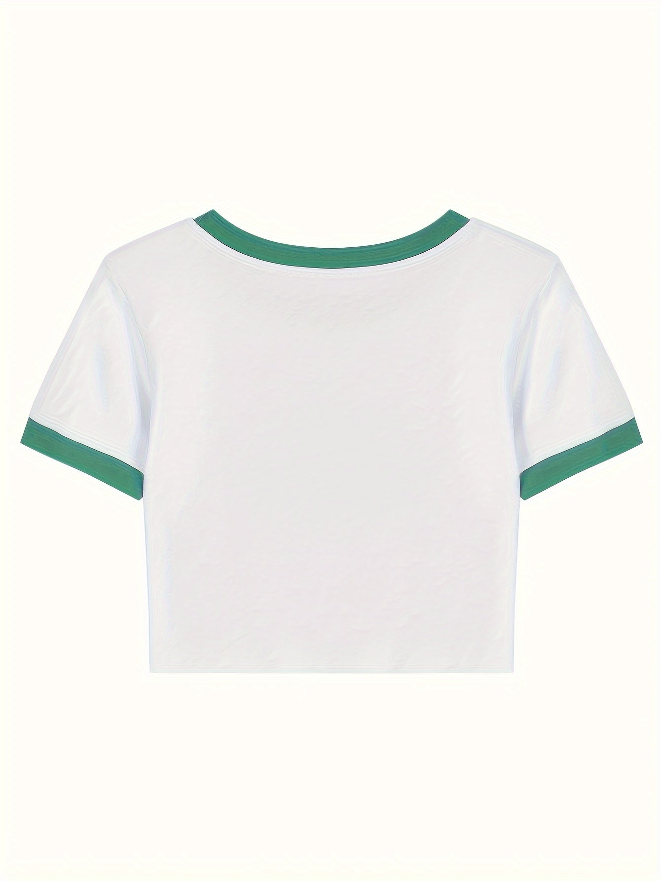 vlovelaw  Letter Print Crew Neck Crop Top, Y2K Contrast Trim Short Sleeve T-Shirt For Spring & Summer, Women's Clothing