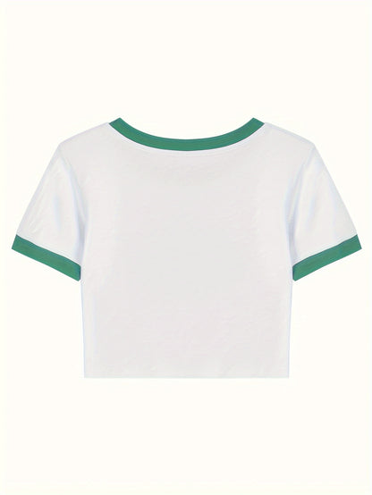 vlovelaw  Letter Print Crew Neck Crop Top, Y2K Contrast Trim Short Sleeve T-Shirt For Spring & Summer, Women's Clothing