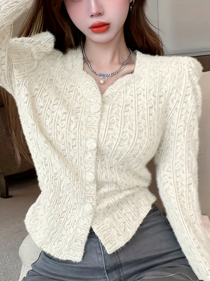 vlovelaw  Solid Button Front Blouse, Elegant Puff Long Sleeve Blouse, Women's Clothing