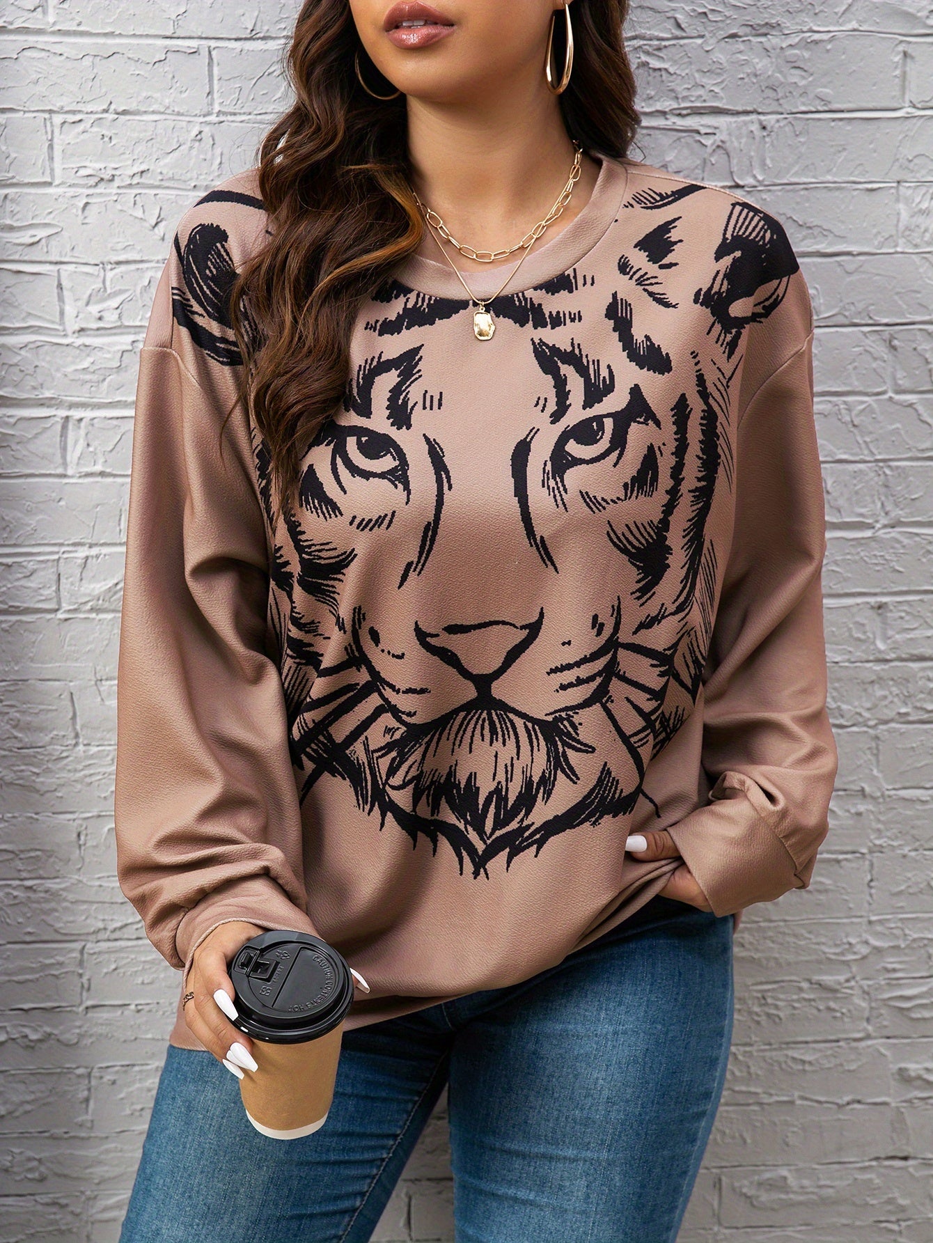 vlovelaw Plus Size Casual Sweatshirt, Women's Plus Tiger Print Long Sleeve Round Neck Medium Stretch Pullover Top