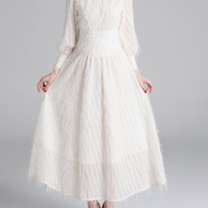 vlovelaw  Solid Mock Neck Fluffy Dress, Elegant Lantern Long Sleeve Dress For Spring & Fall, Women's Clothing