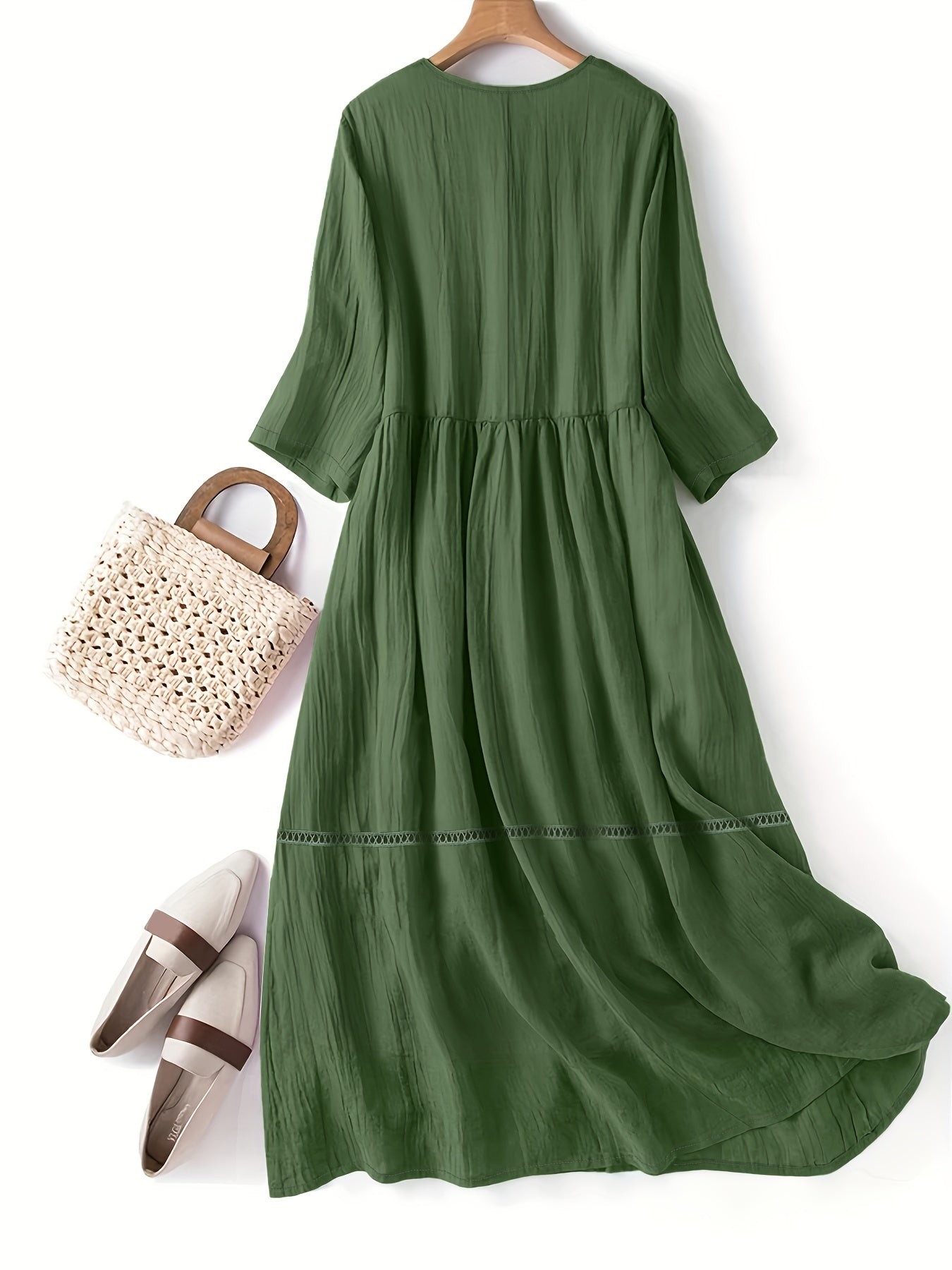 vlovelaw  Plus Size Casual Dress, Women's Plus Solid Button Decor Long Sleeve V Neck Dress