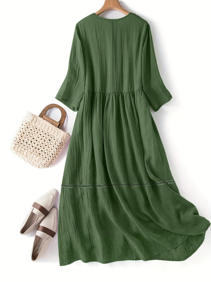 vlovelaw  Plus Size Casual Dress, Women's Plus Solid Button Decor Long Sleeve V Neck Dress