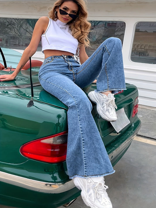 vlovelaw  Plus Size Casual Jeans, Women's Plus Button Fly Fringe Trim High Rise High Stretch Flared Leg Jeans