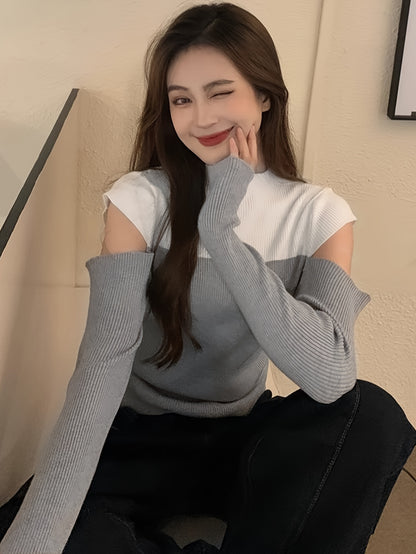 vlovelaw  Color Block Mock Neck Pullover Sweater, Casual Cold Shoulder Long Sleeve Stylish Sweater, Women's Clothing