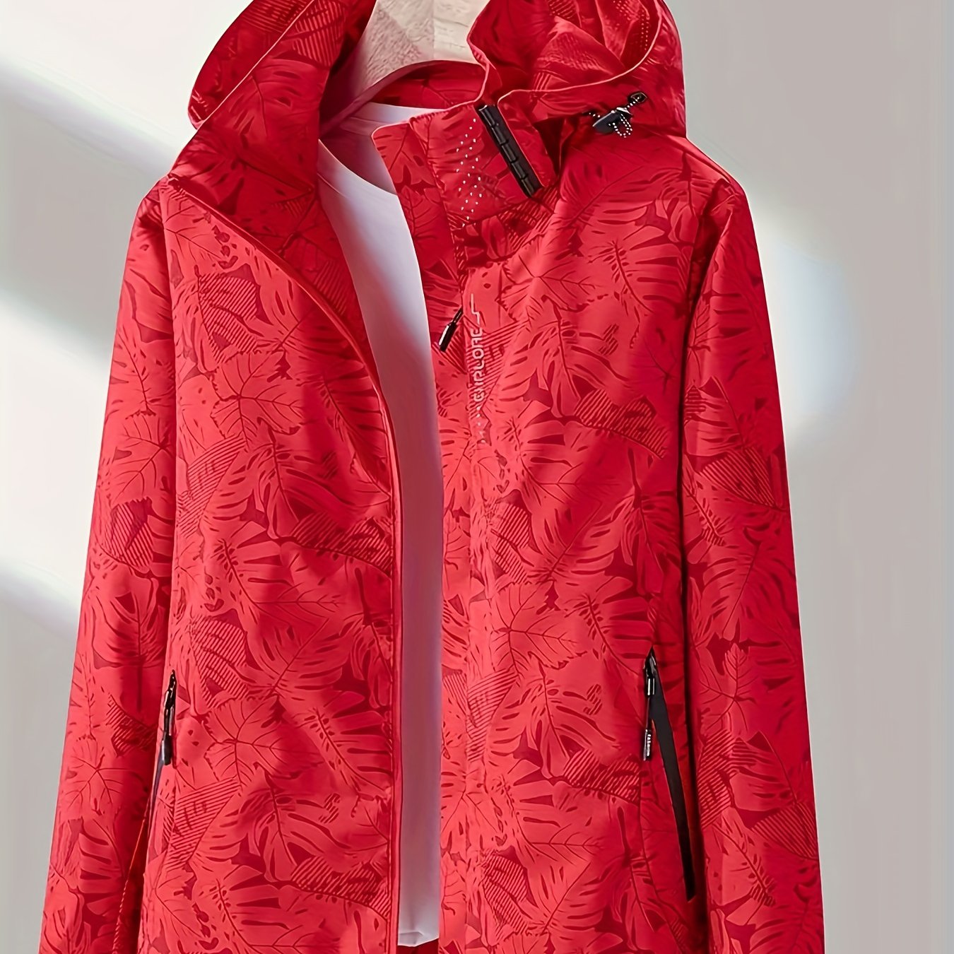 vlovelaw  Leaf Print Outdoor Jacket With Removable Hood, Women's Windproof & Rainproof Jacket, Women's Outdoor Clothing
