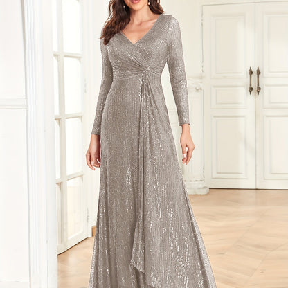 vlovelaw  Sequins V Neck Evening Dress, Elegant Long Sleeve Waist Guest Prom Cocktail Floor Length Dress, Women's Clothing