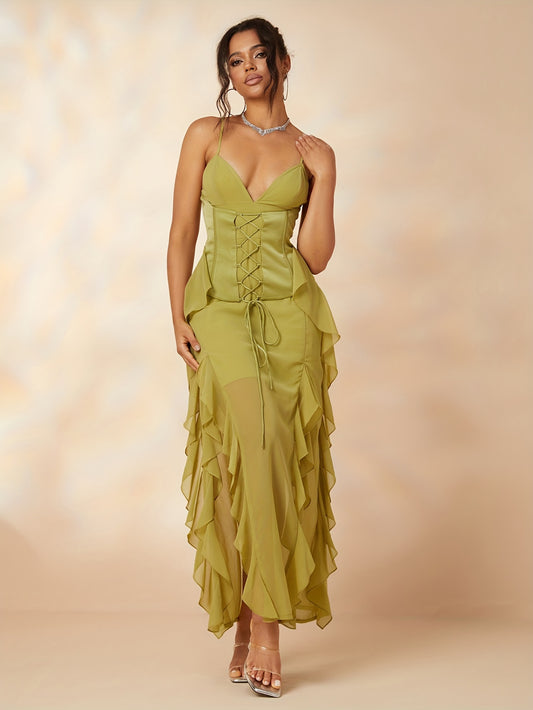 vlovelaw  Ruffle Trim Split Dress, Party Wear Spaghetti Strap Solid Dress, Women's Clothing
