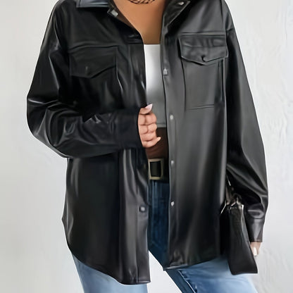 vlovelaw  Solid Color Button Front Leather Jacket, Casual Lapel Neck Long Sleeve Flap Pockets Jacket For Every Day, Women's Clothing