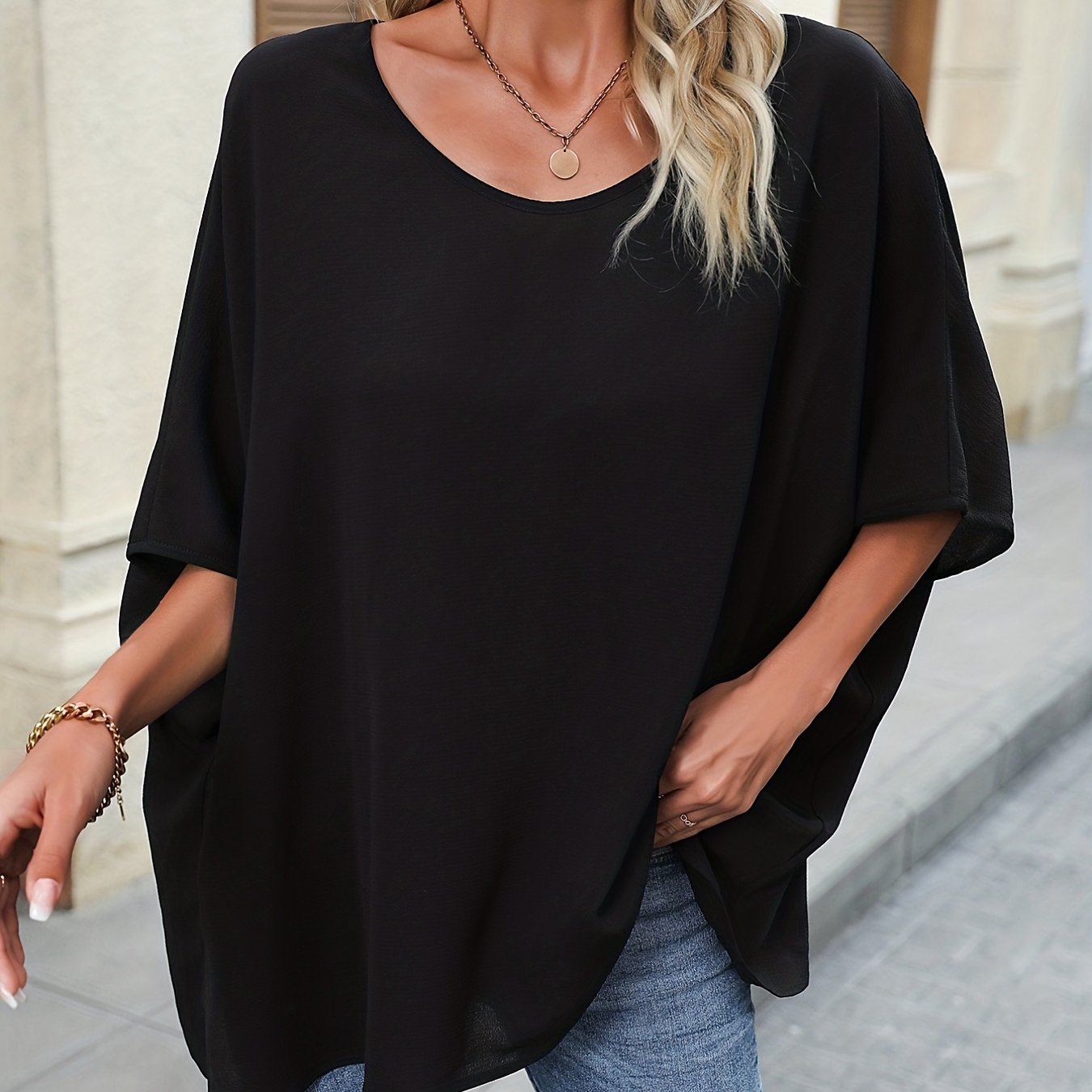Solid Batwing Sleeve Blouse, Casual Crew Neck Versatile Blouse, Women's Clothing
