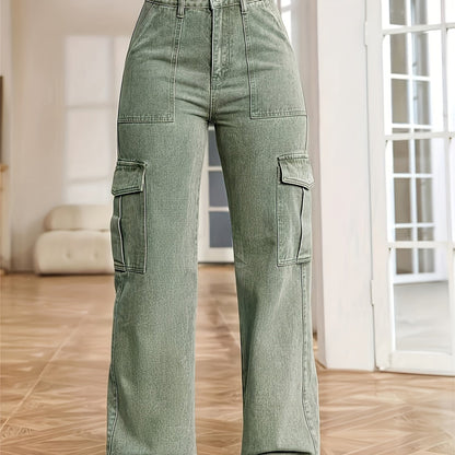 vlovelaw Washed Flap Pockets Cargo Pants, Loose Fit Y2K & Kpop Style Straight Jeans, Women's Denim Jeans & Clothing