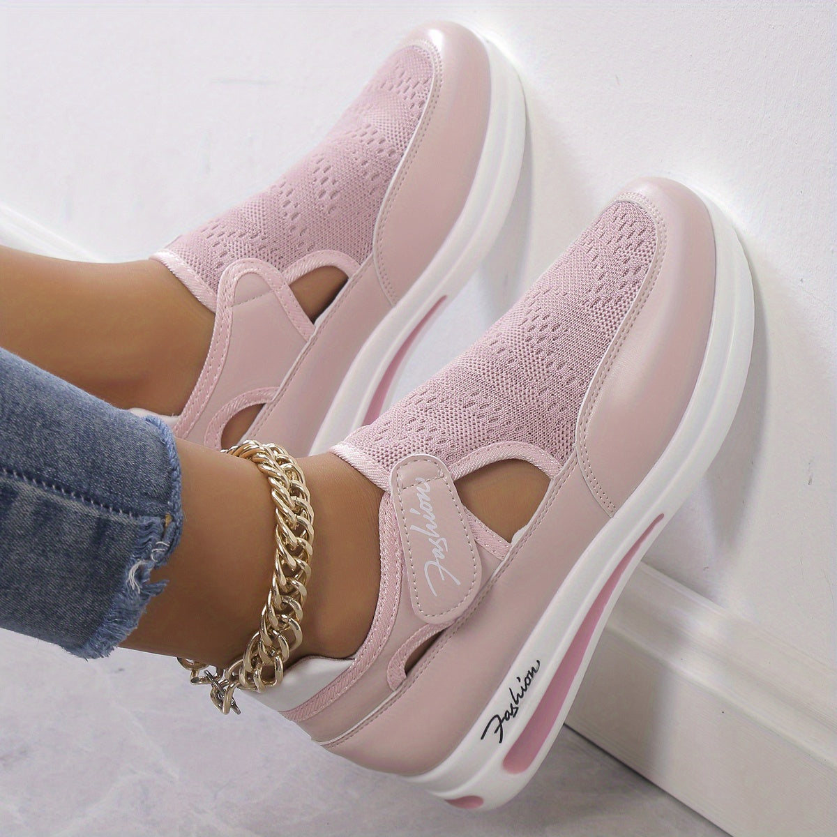 vlovelaw  Women's Breathable Knit Wedge Sneakers, Casual Cut Out Design Shoes, Women's Non Slip Platform Shoes