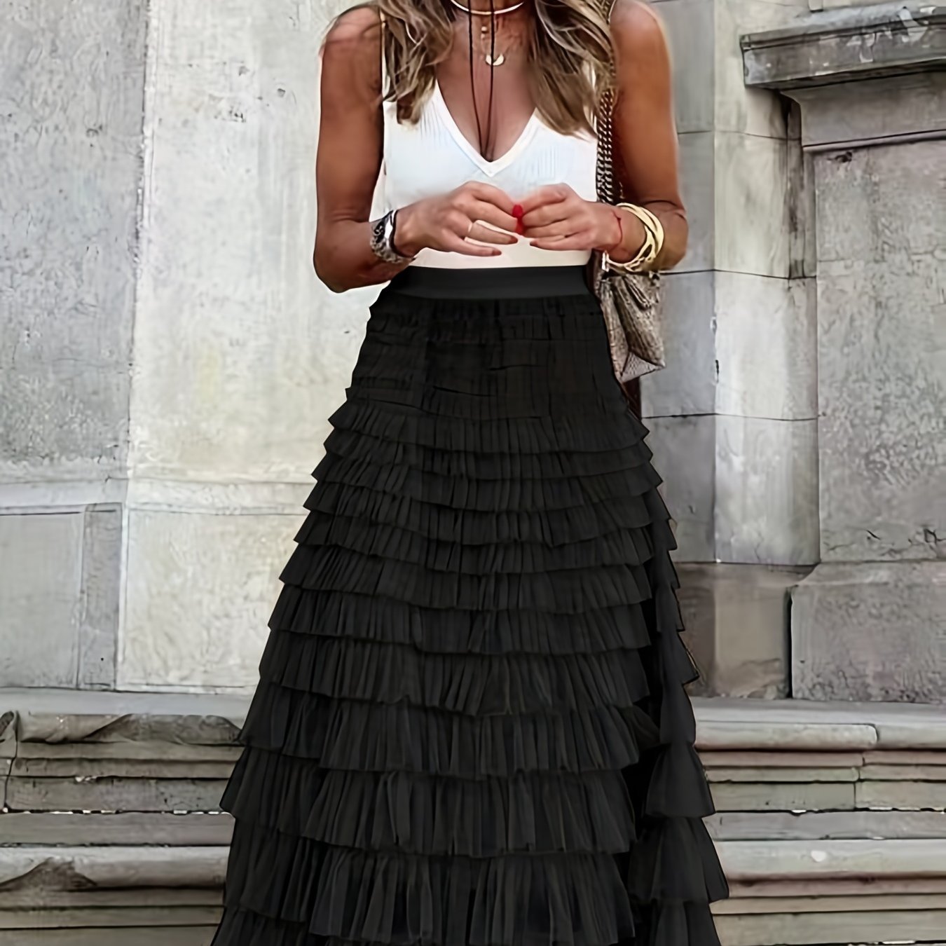 vlovelaw  Mesh Layered Hem Skirt, Boho High Waist Skirt, Women's Clothing
