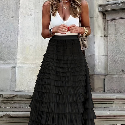 vlovelaw  Mesh Layered Hem Skirt, Boho High Waist Skirt, Women's Clothing