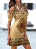 vlovelaw  Ethnic Print Cold Shoulder Dress, Vintage Crew Neck Short Sleeve Dress, Women's Clothing
