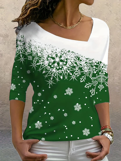vlovelaw Snowflake Print Slant V Neck T-Shirt, Casual Long Sleeve Top For Spring & Fall, Women's Clothing