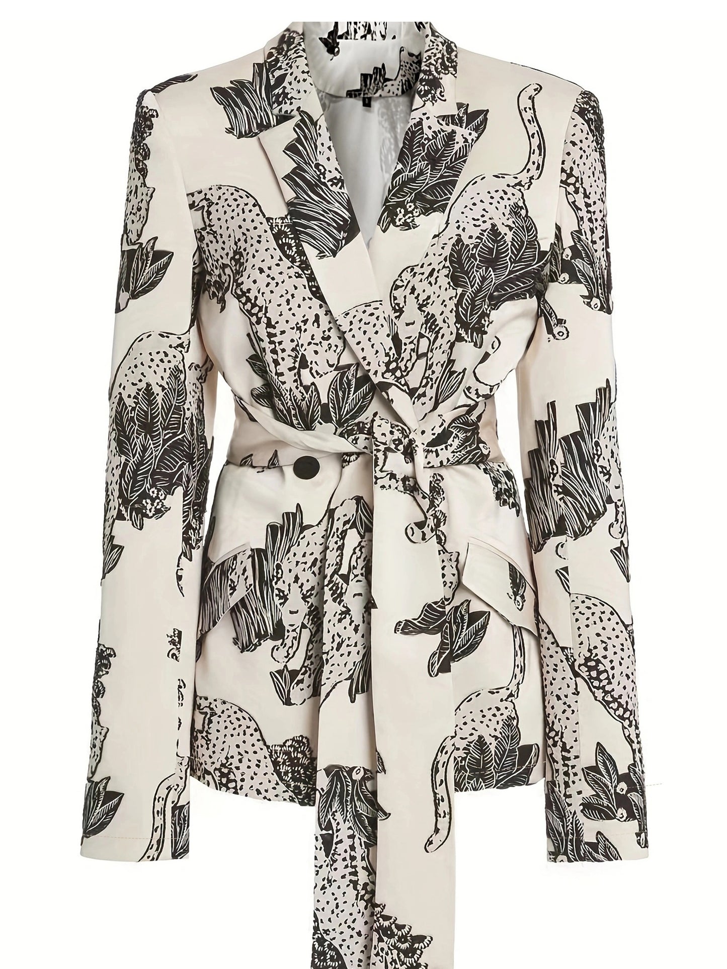 Allover Print Lapel Neck Belted Blazer, Casual Long Sleeve Blazer For Work, Women's Clothing