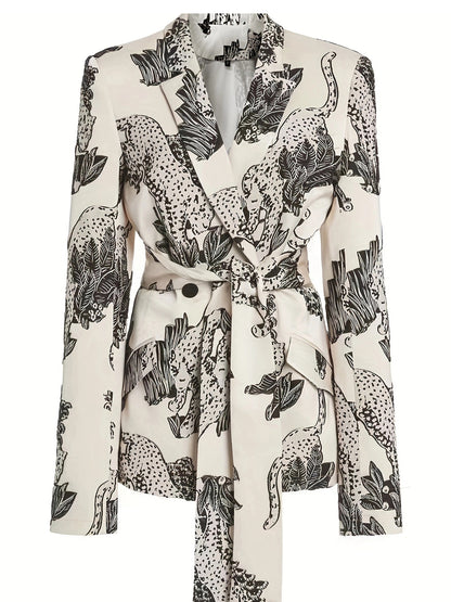 Allover Print Lapel Neck Belted Blazer, Casual Long Sleeve Blazer For Work, Women's Clothing
