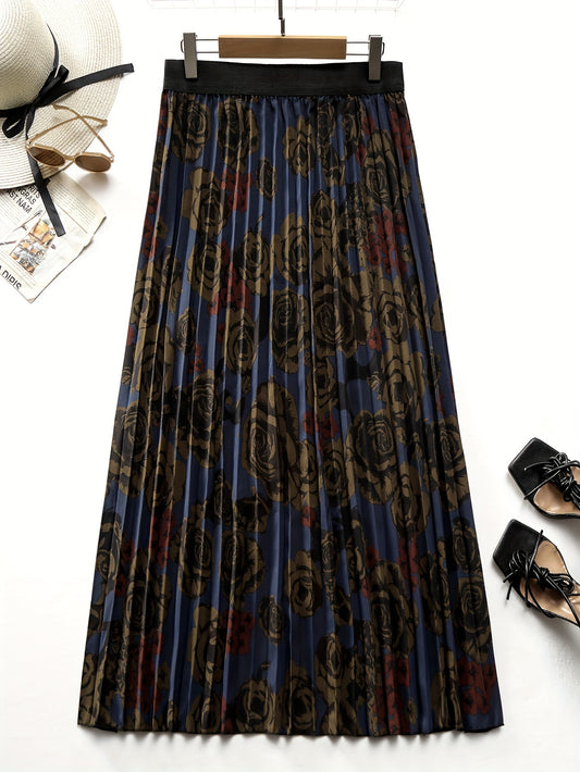 vlovelaw  Plus Size Floral Print Pleated Skirt, Elegant Skirt For Spring & Summer, Women's Plus Size Clothing