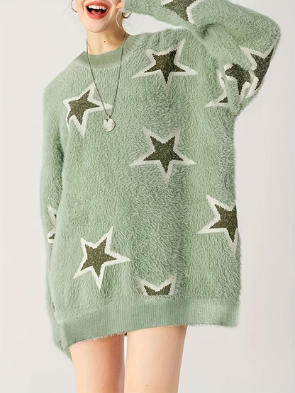 vlovelaw Star Pattern Crew Neck Sweater, Casual Long Sleeve Sweater For Fall & Winter, Women's Clothing