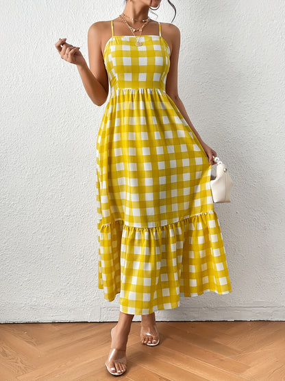 vlovelaw Gingham Print Cami Dress, High Waist Casual Dress For Summer & Spring, Women's Clothing