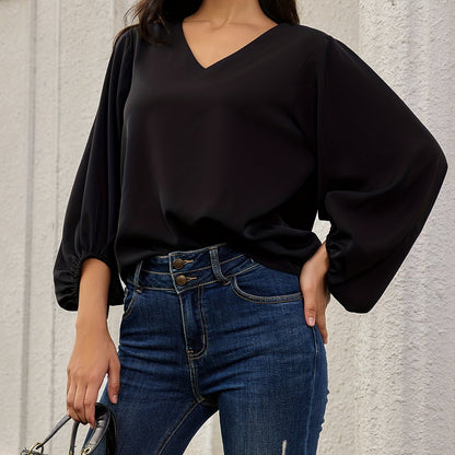 Solid V Neck Blouse, Elegant Lantern Sleeve Blouse For Spring & Fall, Women's Clothing