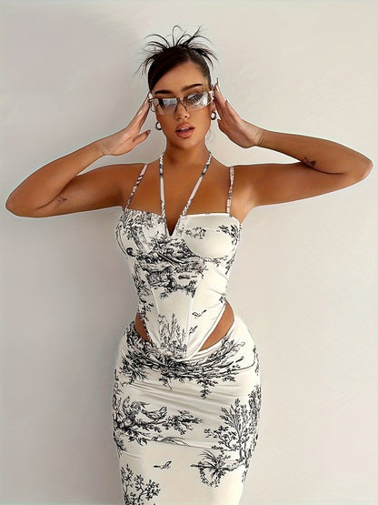 vlovelaw  Graphic Print Matching Two-piece Set, Sexy Sleeveless Top & Bodycon Skirt Outfits, Women's Clothing