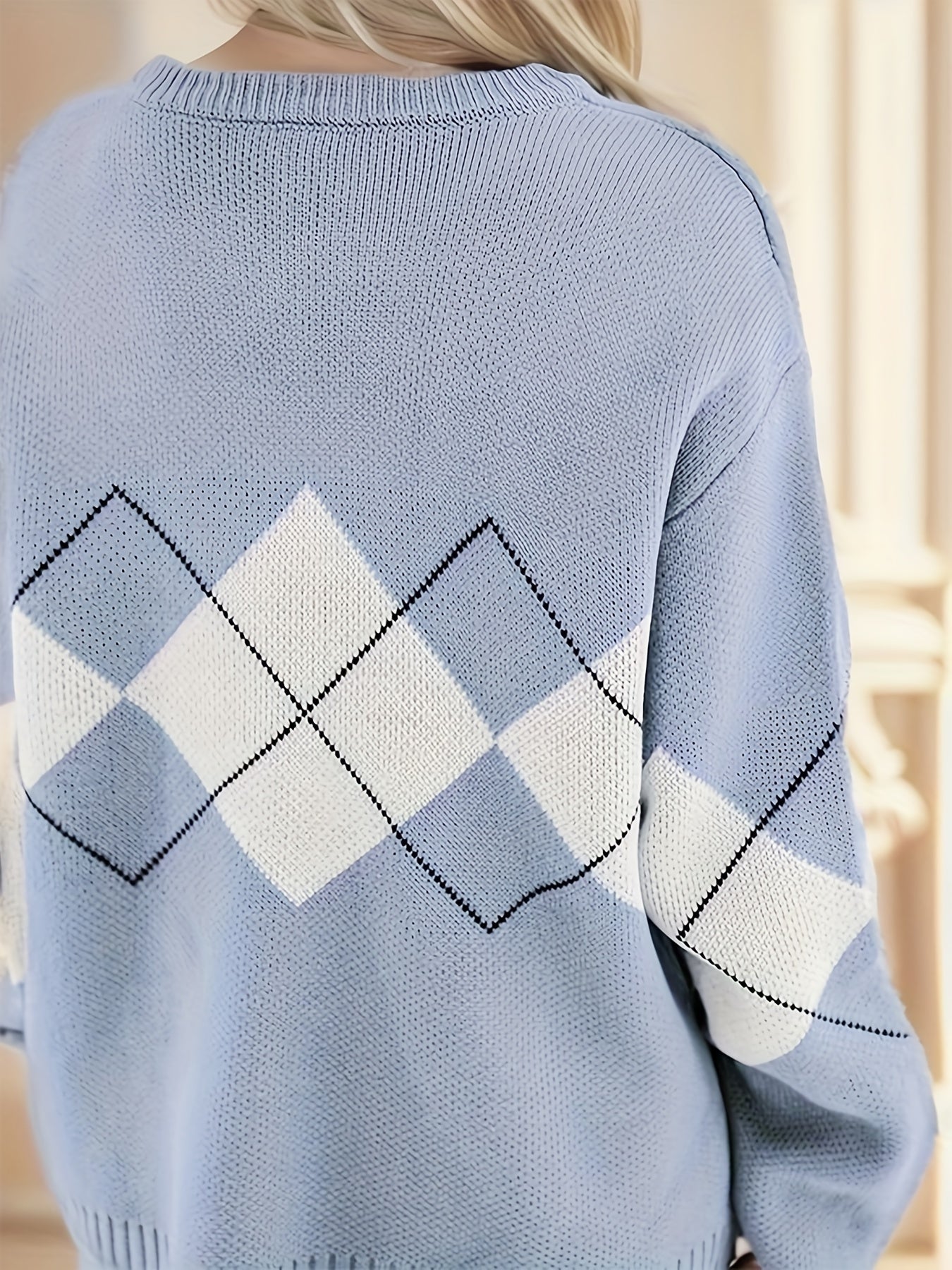 vlovelaw  Y2K Geo Pattern Crew Neck Sweater, Long Sleeve Sweater For Fall & Winter, Women's Clothing